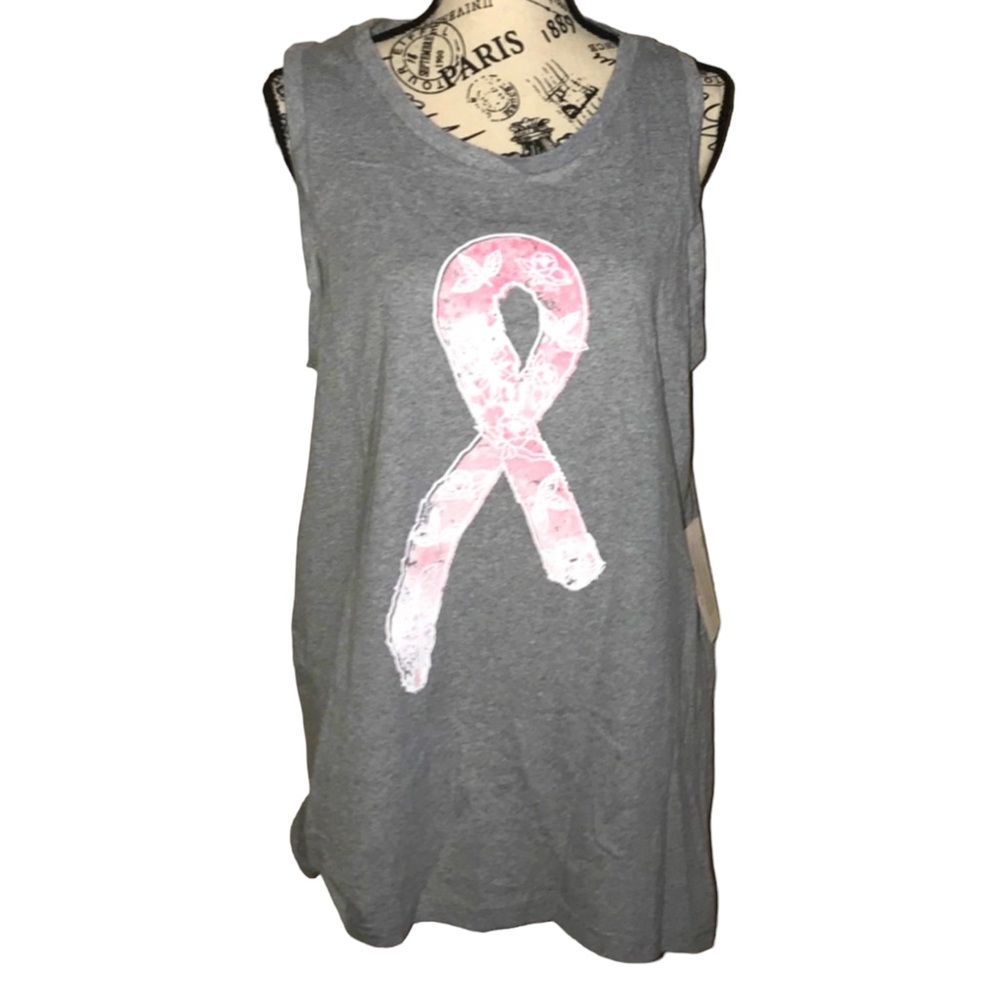 BREAST CANCER AWARENESS GRAY TANK WITH BREAST CNCER RIBBON GRAPHIC